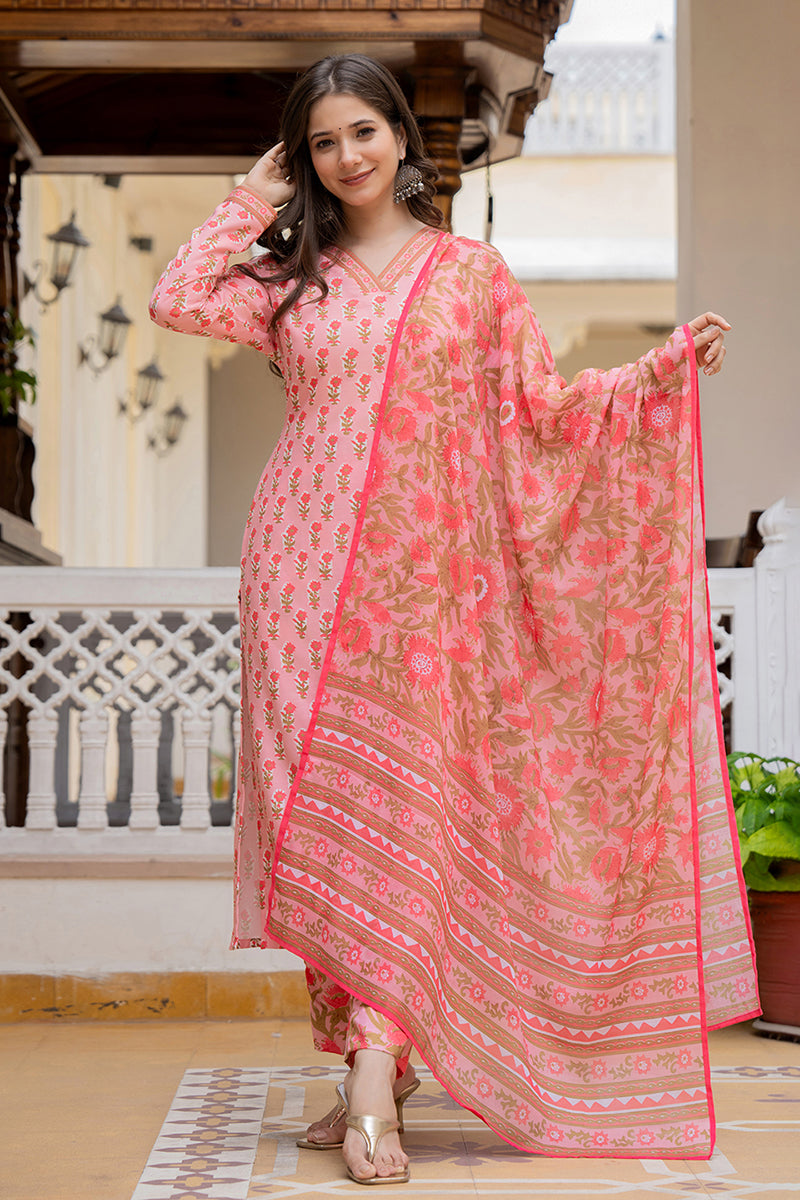Pink Rayon Blend Floral Printed Straight Trouser Bottom Suit Set VKSKD