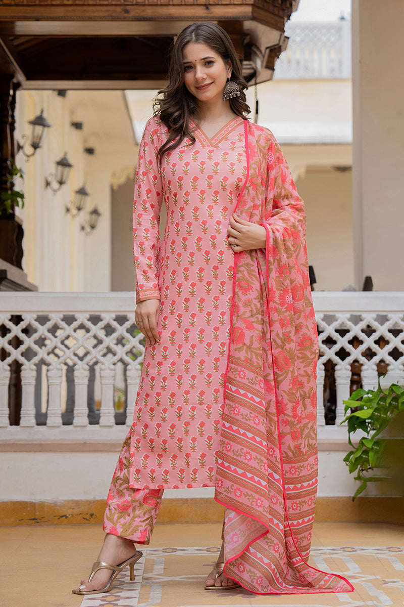 Pink Rayon Blend Floral Printed Straight Trouser Bottom Suit Set VKSKD