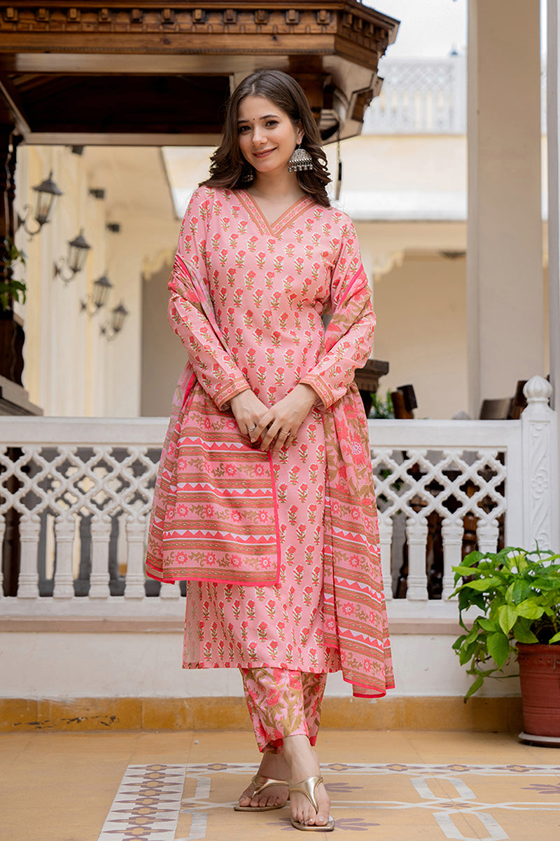 Pink Rayon Blend Floral Printed Straight Trouser Bottom Suit Set VKSKD