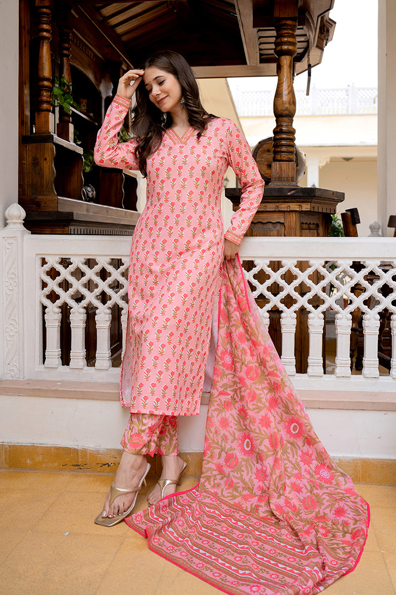Pink Rayon Blend Floral Printed Straight Trouser Bottom Suit Set VKSKD