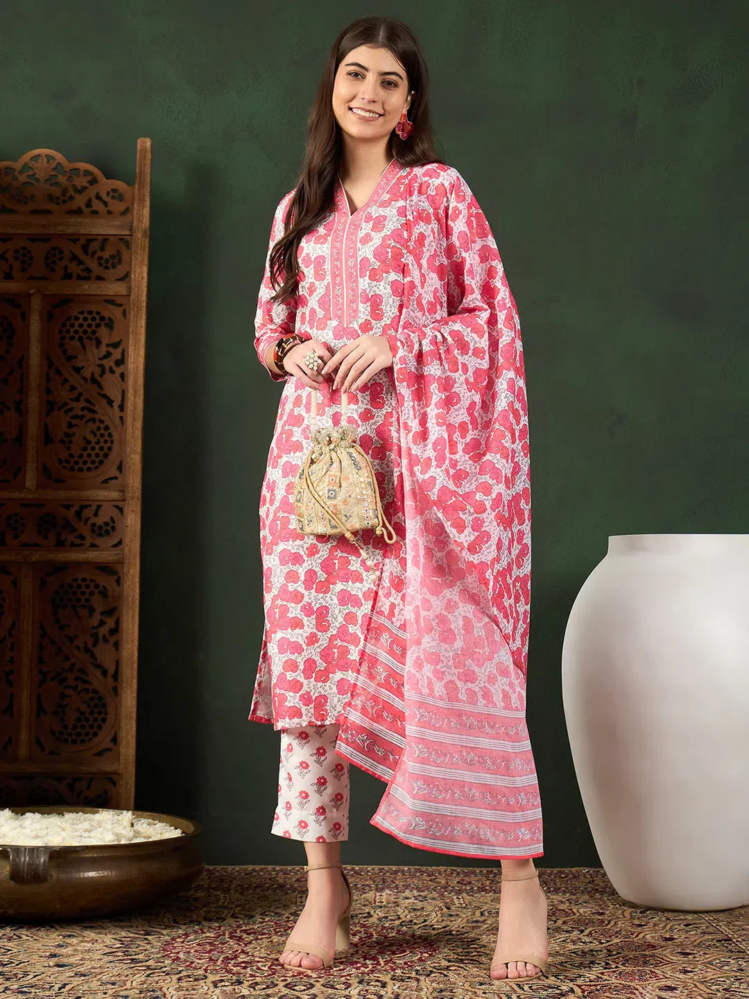 Women White Rayon Blend Floral Printed Straight Kurta Trouser With Dupatta-VKSKD2240