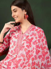 Women White Rayon Blend Floral Printed Straight Kurta Trouser With Dupatta-VKSKD2240