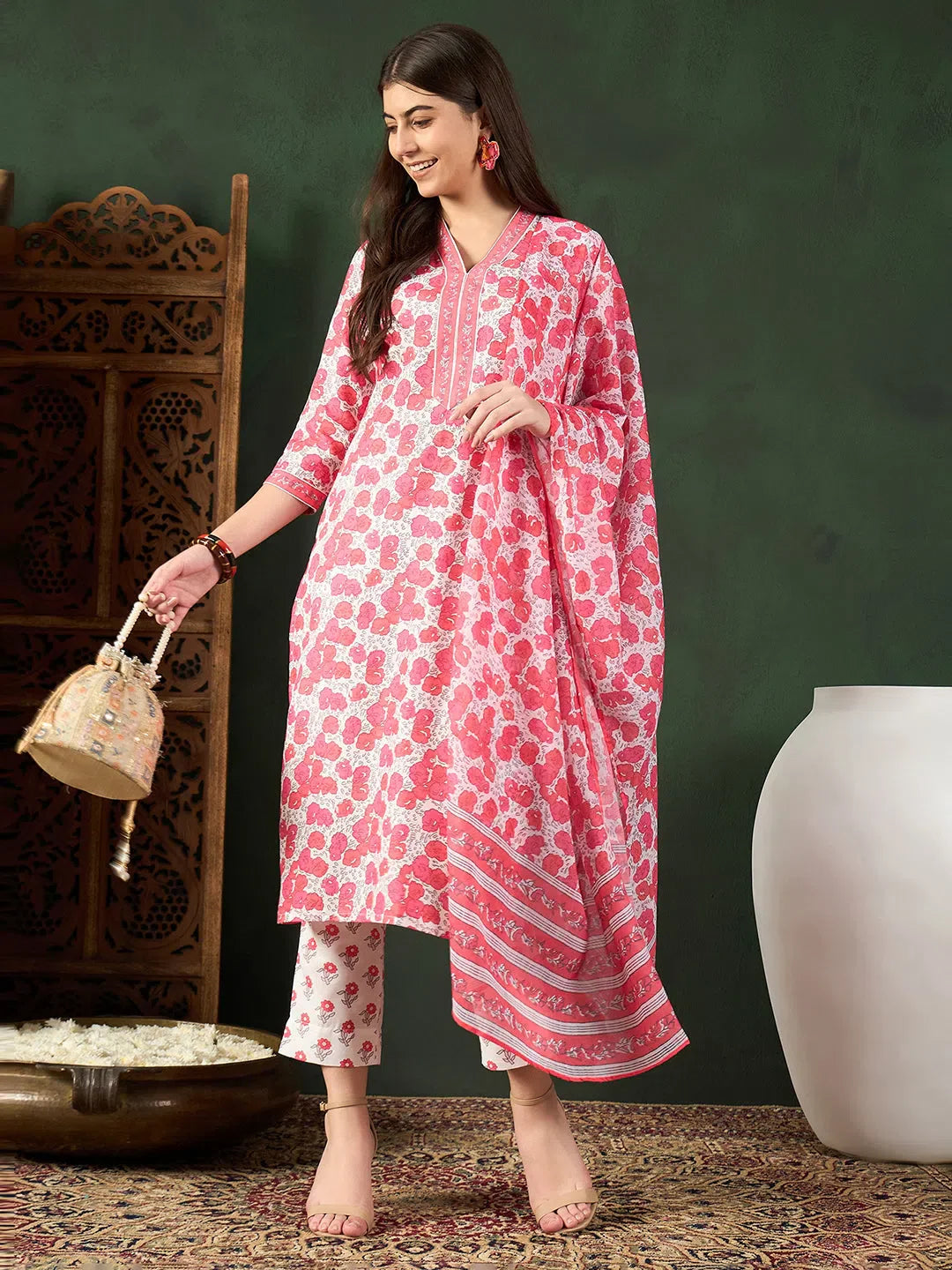 Ethnic White Floral Kurta Set with Dupatta | Women's Cotton Kurta Sets