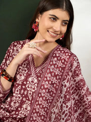 Women Maroon Rayon Blend Ethnic Motifs Printed Straight Kurta Trouser With Dupatta-VKSKD2241
