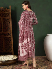 Women Maroon Rayon Blend Ethnic Motifs Printed Straight Kurta Trouser With Dupatta-VKSKD2241