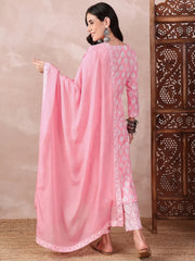 Women Pink Rayon Blend Floral Printed Straight Kurta Trouser With Dupatta-VKSKD2242