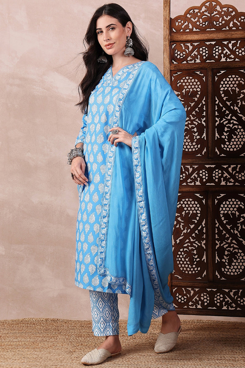 Blue Rayon Blend Floral Printed Straight Trouser Bottom Suit Set VKSKD