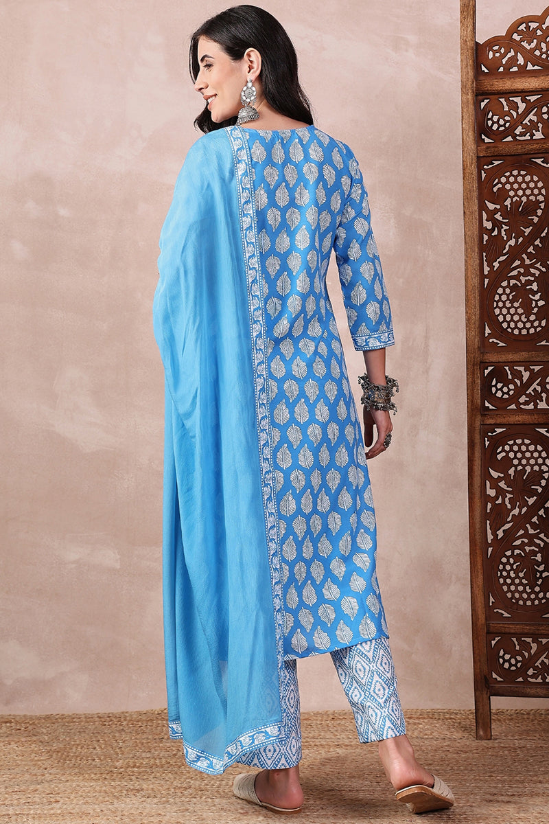 Blue Rayon Blend Floral Printed Straight Trouser Bottom Suit Set VKSKD