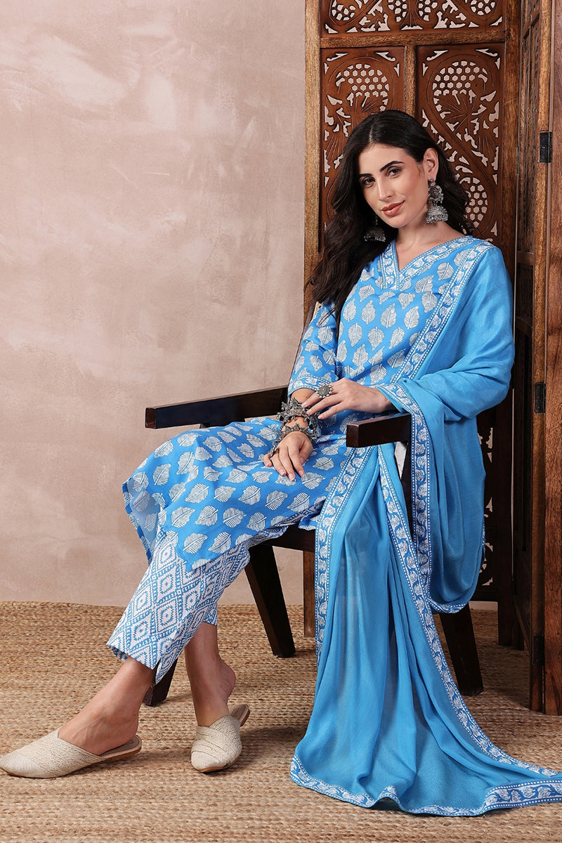 Blue Rayon Blend Floral Printed Straight Trouser Bottom Suit Set VKSKD