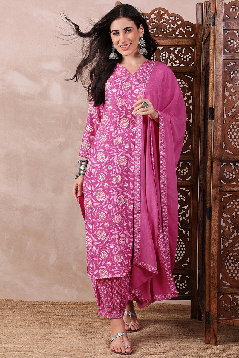 Pink Rayon Blend Floral Printed Straight Salwar Bottom Suit Set VKSKD2
