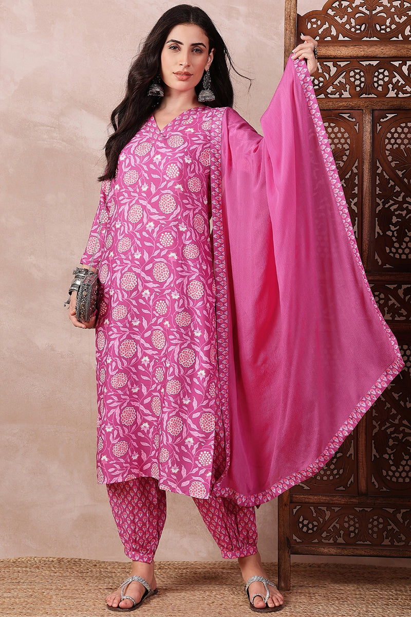 Pink Rayon Blend Floral Printed Straight Salwar Bottom Suit Set VKSKD2