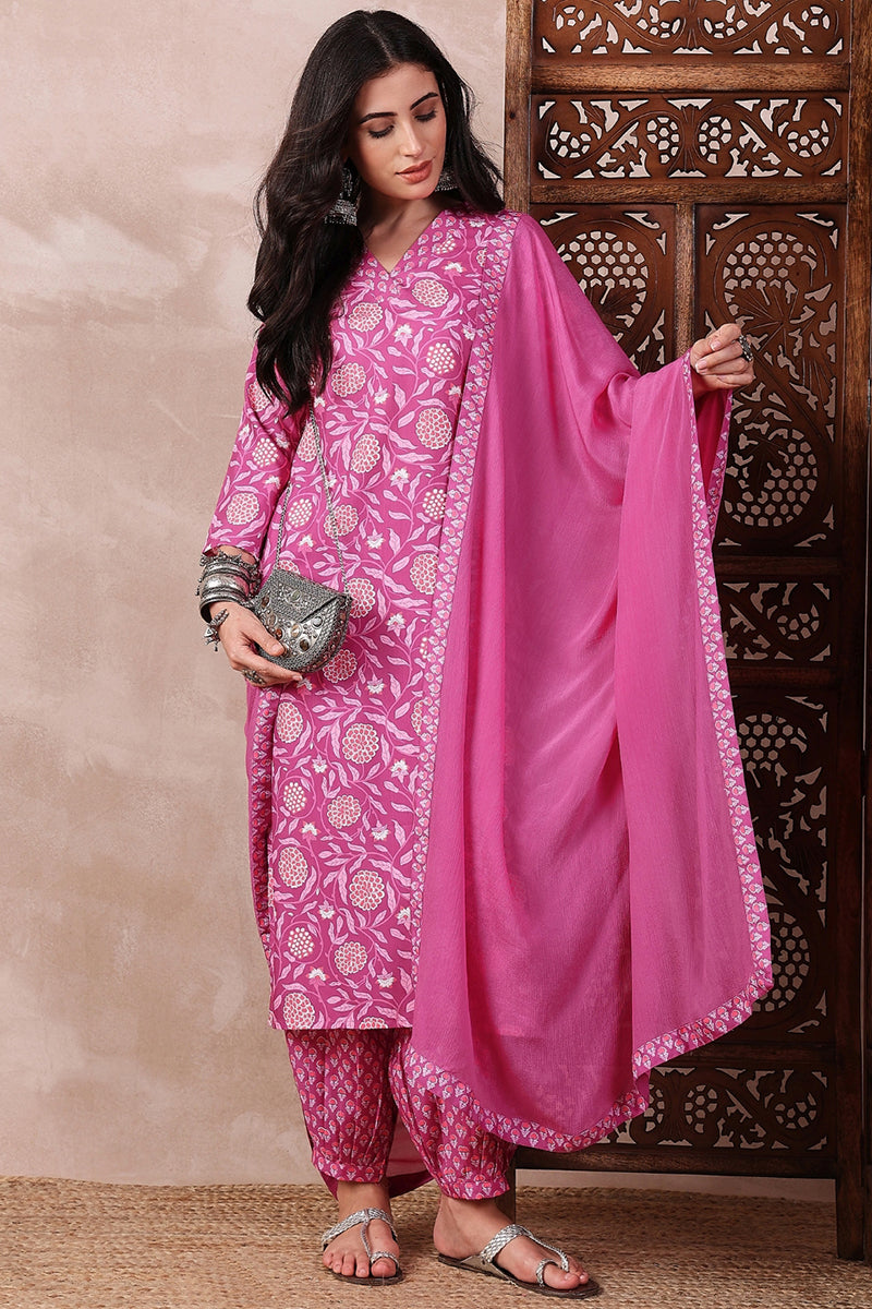 Pink Rayon Blend Floral Printed Straight Salwar Bottom Suit Set VKSKD2
