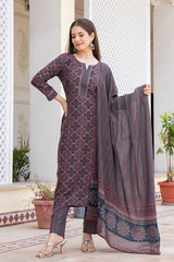 Blue Rayon Blend Ethnic Motifs Printed Straight Trouser Suit Set VKSKD2247