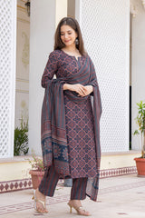 Blue Rayon Blend Ethnic Motifs Printed Straight Trouser Suit Set VKSKD2247