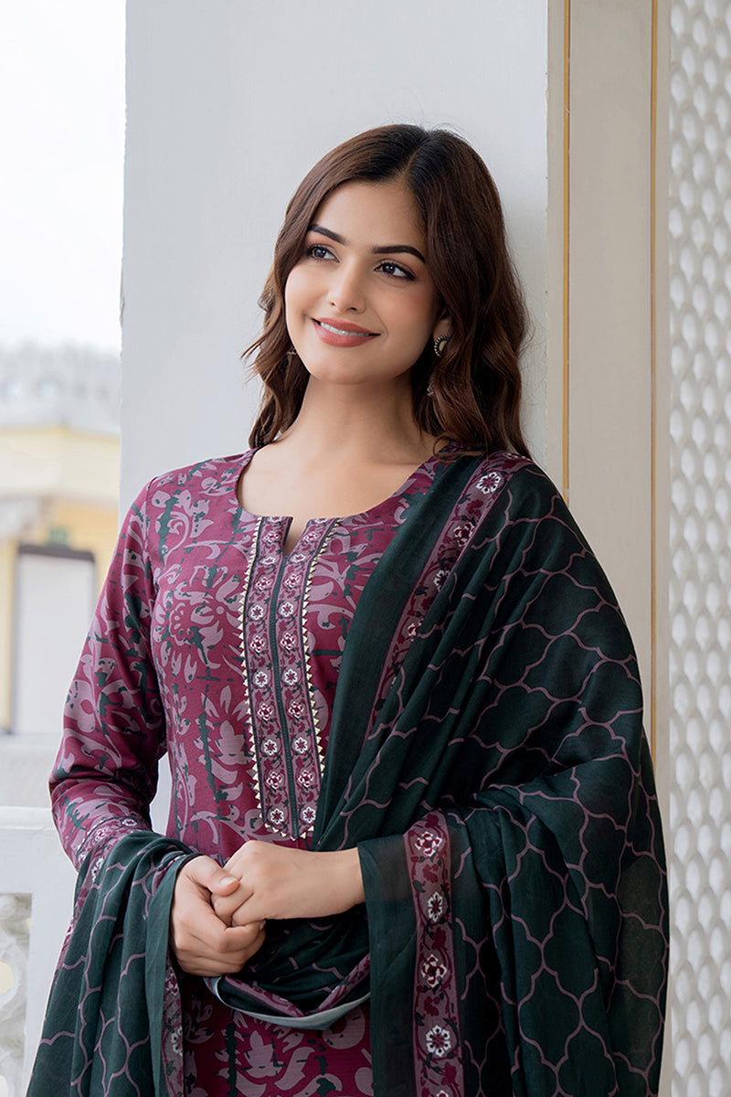 Magenta Rayon Blend Ethnic Motifs Printed Straight Trouser Bottom Suit