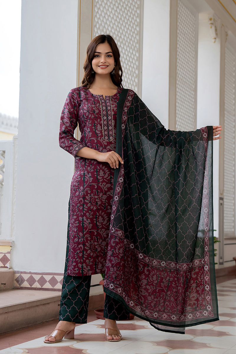 Magenta Rayon Blend Ethnic Motifs Printed Straight Trouser Bottom Suit