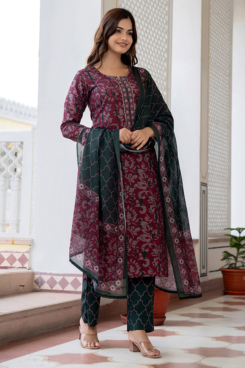 Magenta Rayon Blend Ethnic Motifs Printed Straight Trouser Bottom Suit