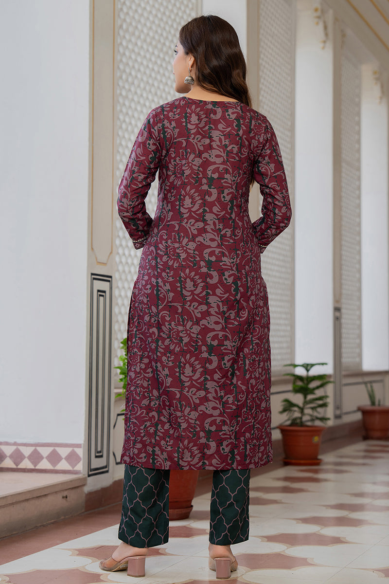 Magenta Rayon Blend Ethnic Motifs Printed Straight Trouser Bottom Suit