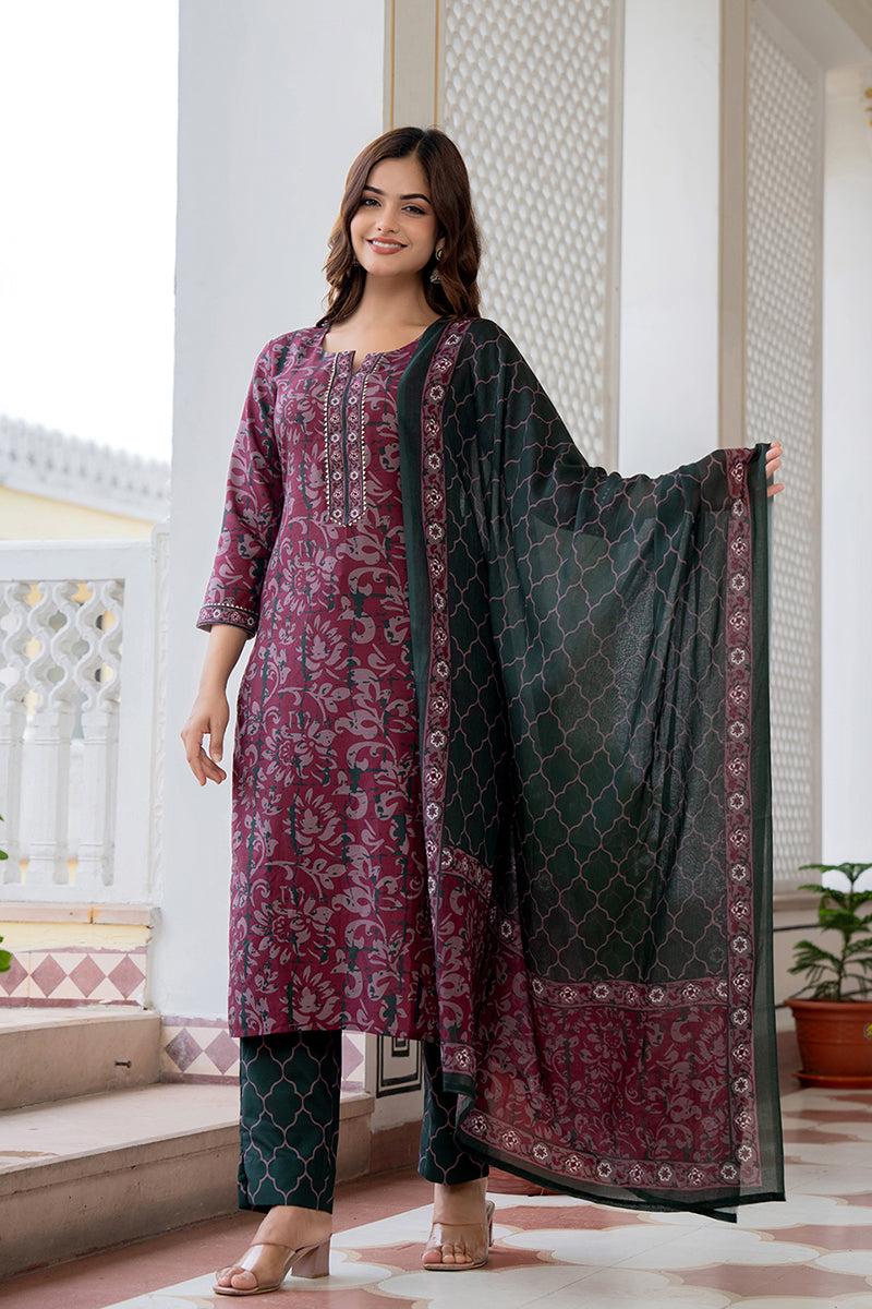 Magenta Rayon Blend Ethnic Motifs Printed Straight Trouser Bottom Suit