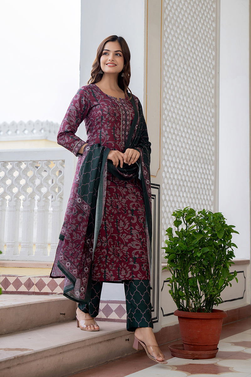 Magenta Rayon Blend Ethnic Motifs Printed Straight Trouser Bottom Suit