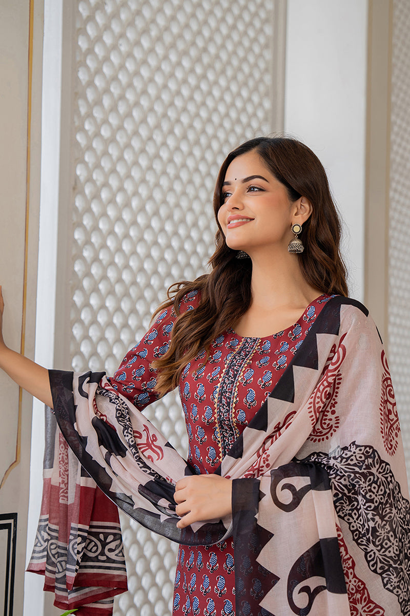 Maroon Rayon Blend Ethnic Motifs Printed Straight Trouser Suit Set VKS