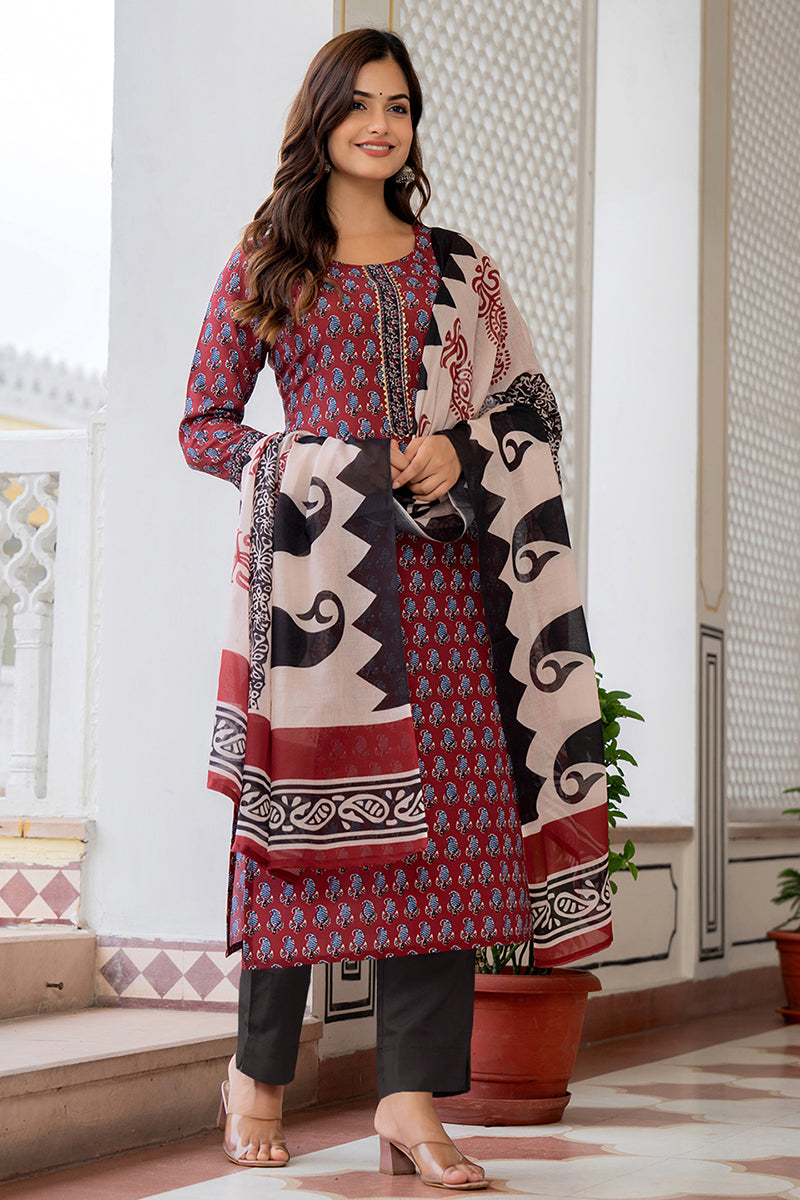 Maroon Rayon Blend Ethnic Motifs Printed Straight Trouser Suit Set VKS