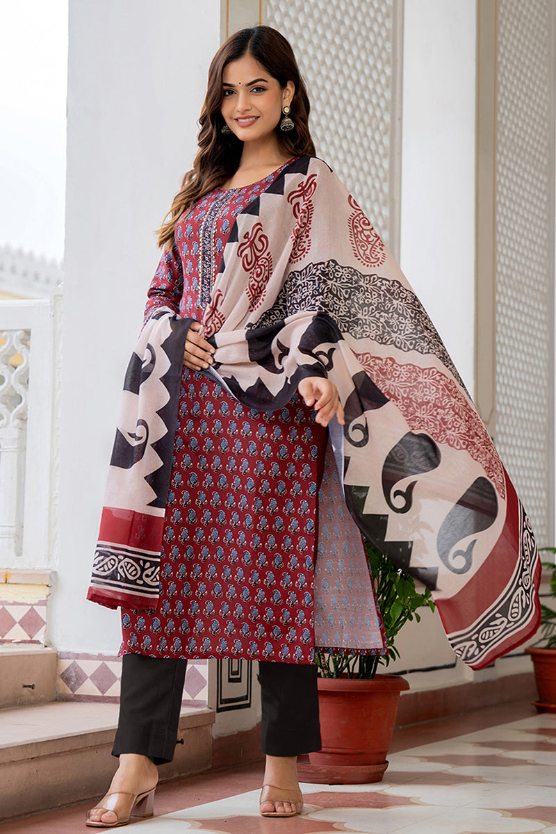 Maroon Rayon Blend Ethnic Motifs Printed Straight Trouser Suit Set VKS