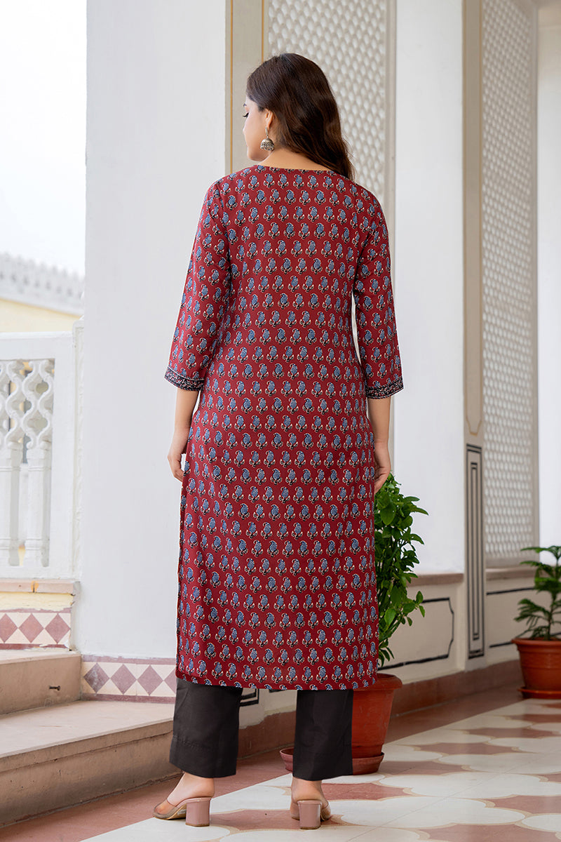 Maroon Rayon Blend Ethnic Motifs Printed Straight Trouser Suit Set VKS