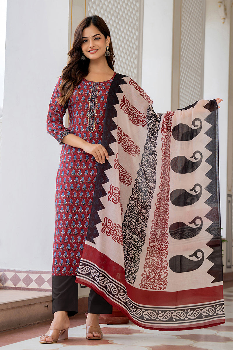 Maroon Rayon Blend Ethnic Motifs Printed Straight Trouser Suit Set VKS