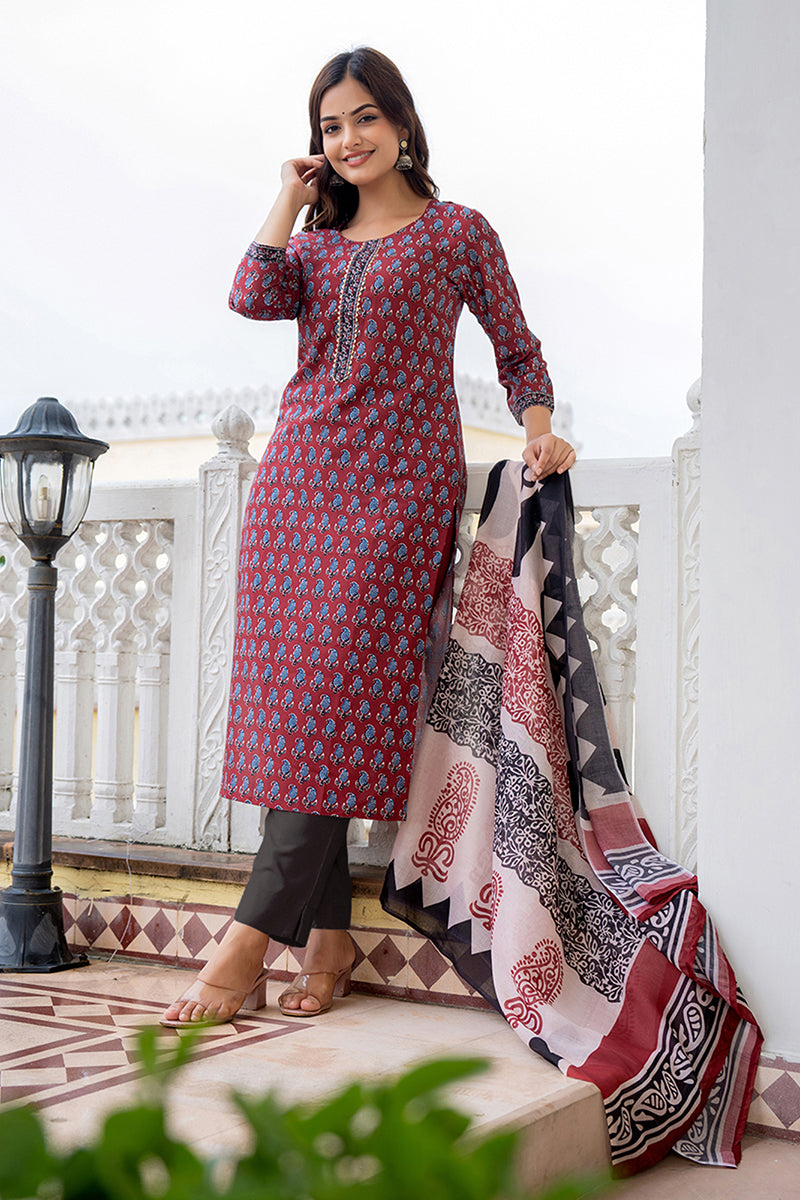 Maroon Rayon Blend Ethnic Motifs Printed Straight Trouser Suit Set VKS