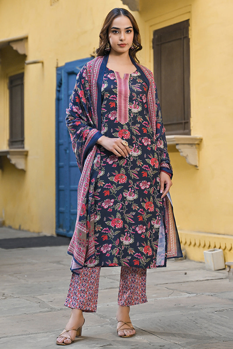 Navy Blue Rayon Blend Floral Printed Straight Trouser Suit Set VKSKD22