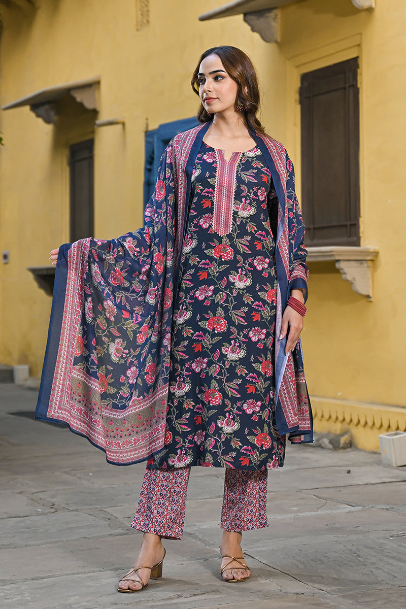 Navy Blue Rayon Blend Floral Printed Straight Trouser Suit Set VKSKD22