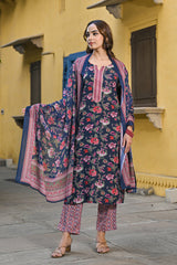 Navy Blue Rayon Blend Floral Printed Straight Trouser Suit Set VKSKD2255