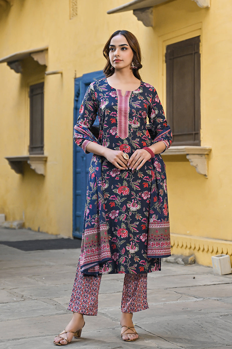 Navy Blue Rayon Blend Floral Printed Straight Trouser Suit Set VKSKD22