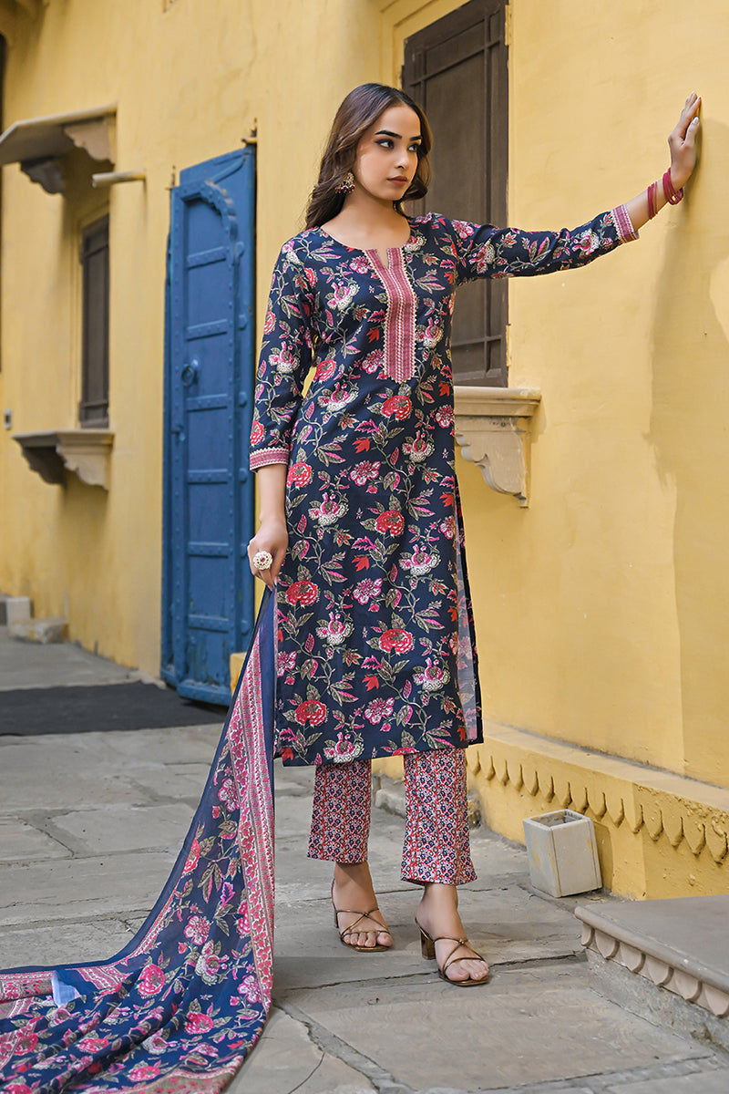 Navy Blue Rayon Blend Floral Printed Straight Trouser Suit Set VKSKD22