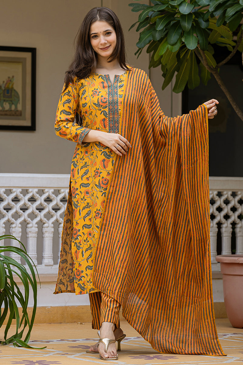 Yellow Rayon Blend Floral Printed Straight Trouser Suit Set VKSKD2256 
