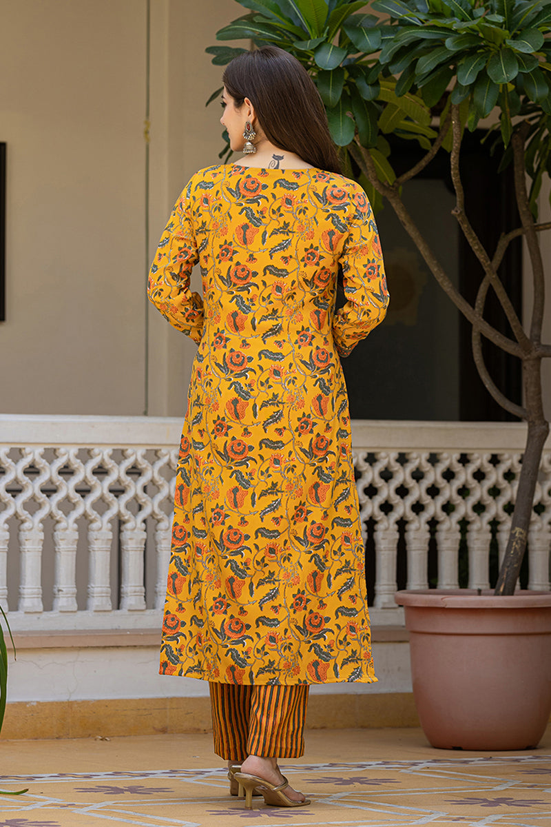 Yellow Rayon Blend Floral Printed Straight Trouser Suit Set VKSKD2256 