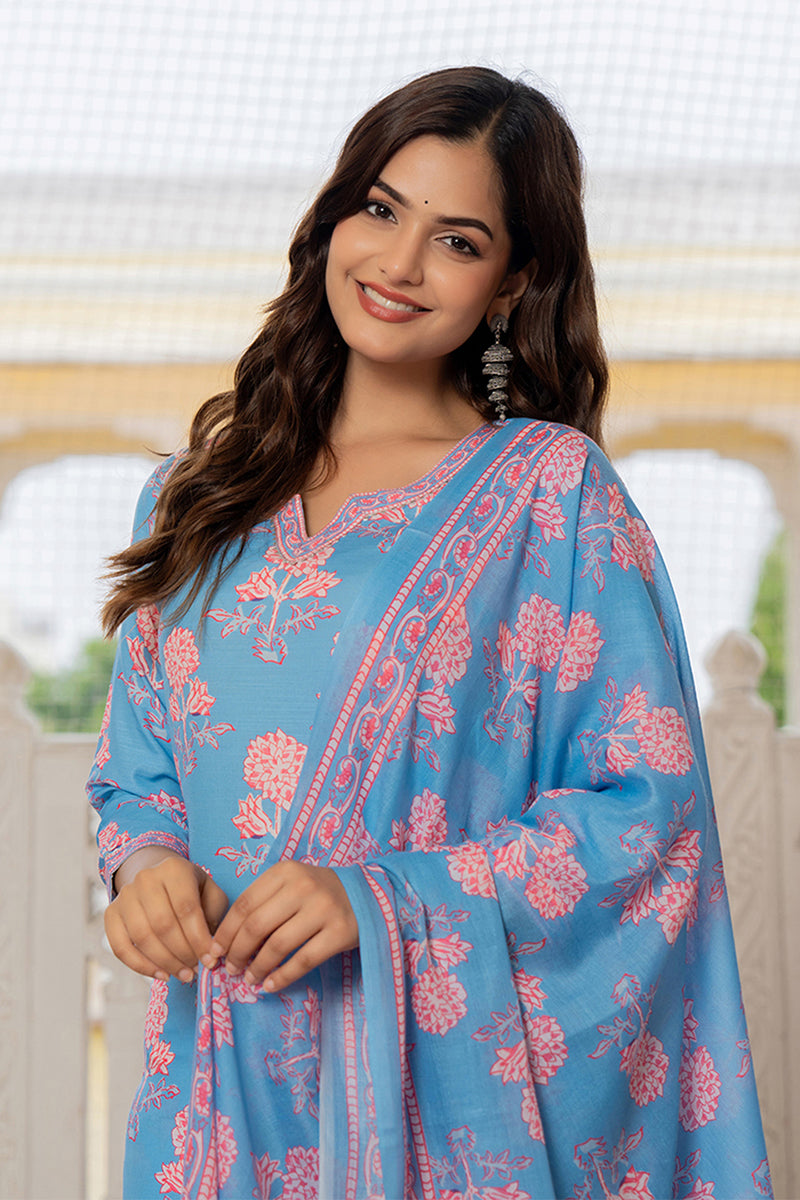 Blue Rayon Blend Floral Printed Straight Trouser Suit Set VKSKD2261 | 