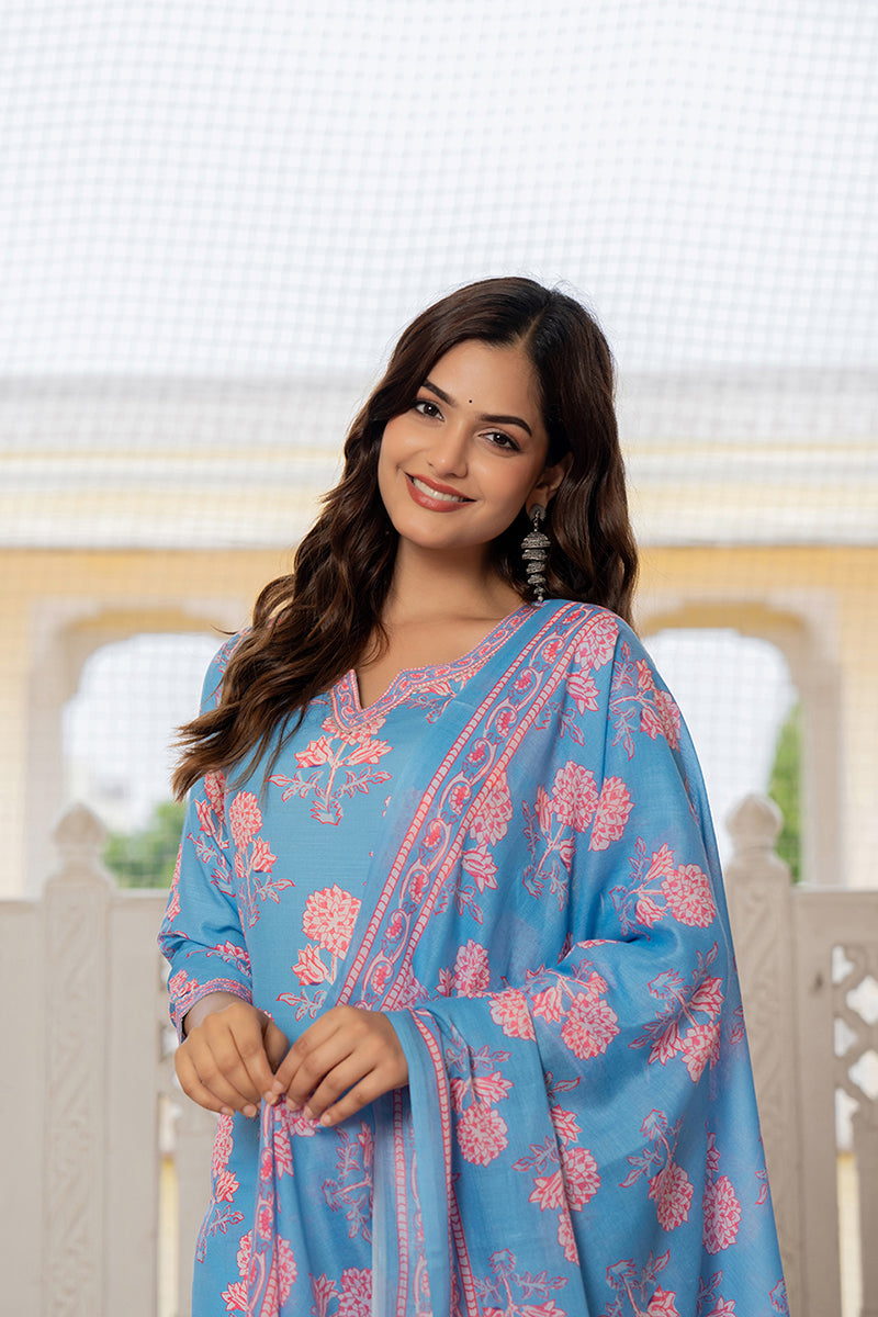 Blue Rayon Blend Floral Printed Straight Trouser Suit Set VKSKD2261 | 