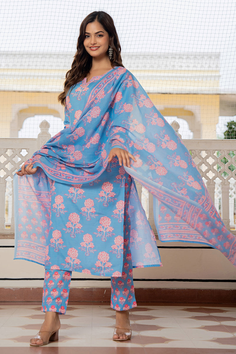Blue Rayon Blend Floral Printed Straight Trouser Suit Set VKSKD2261 | 