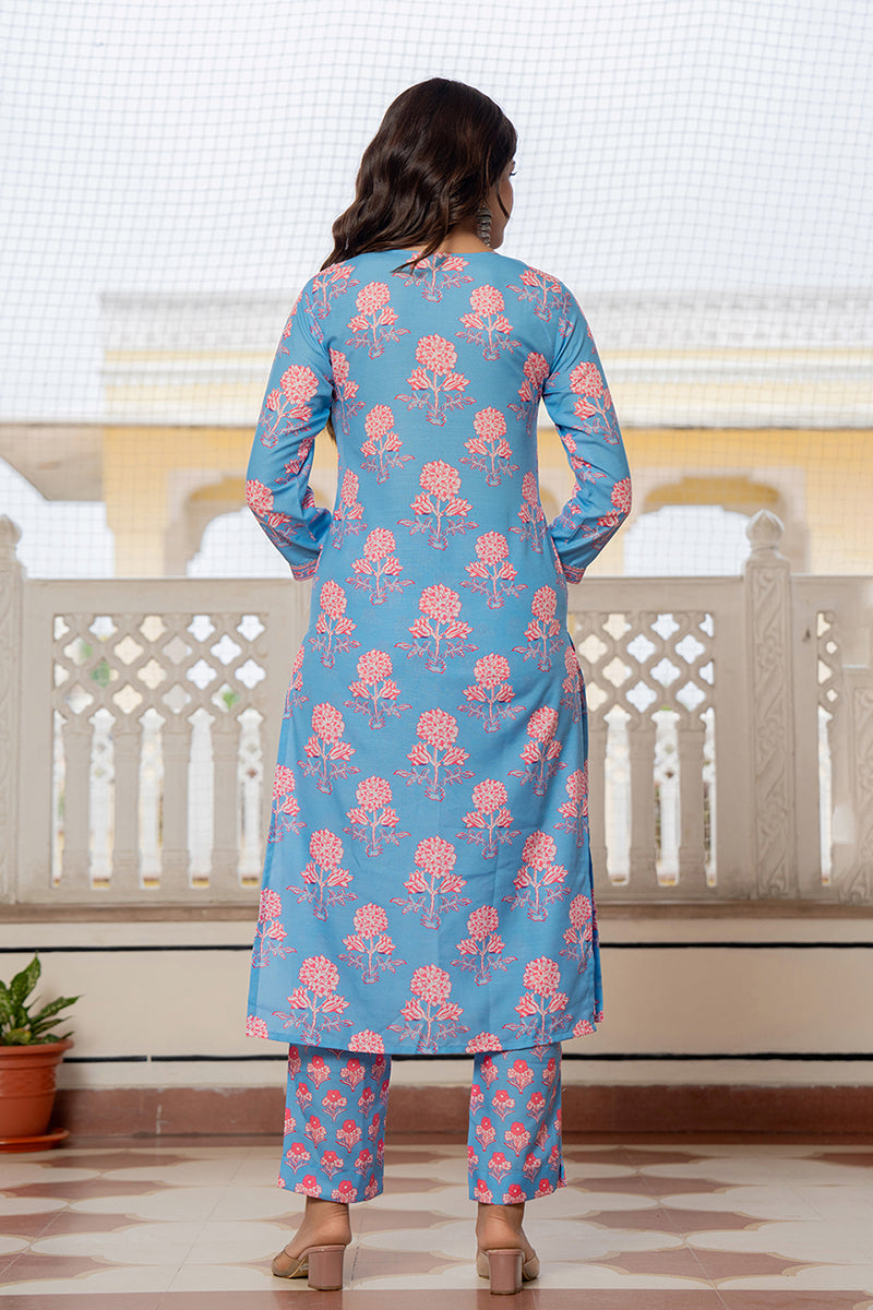 Blue Rayon Blend Floral Printed Straight Trouser Suit Set VKSKD2261 | 