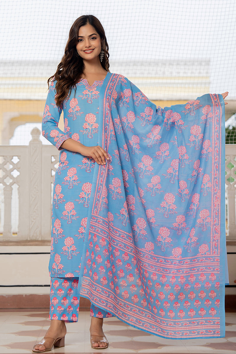 Blue Rayon Blend Floral Printed Straight Trouser Suit Set VKSKD2261 | 