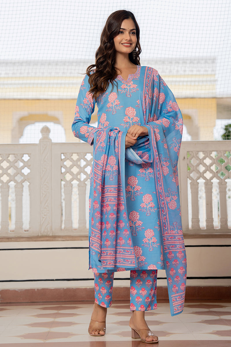 Blue Rayon Blend Floral Printed Straight Trouser Suit Set VKSKD2261 | 