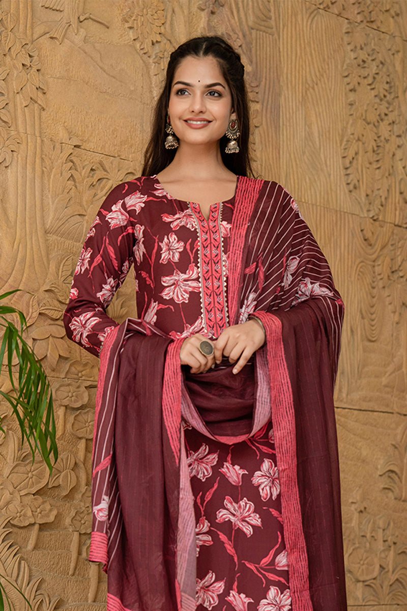 Maroon Rayon Blend Floral Printed Straight Trouser Suit Set VKSKD2266 