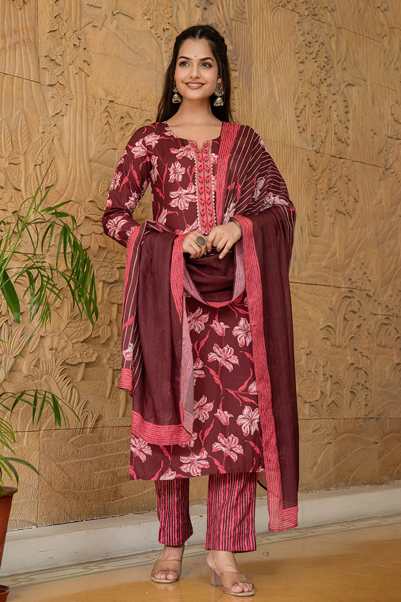 Maroon Rayon Blend Floral Printed Straight Trouser Suit Set VKSKD2266 