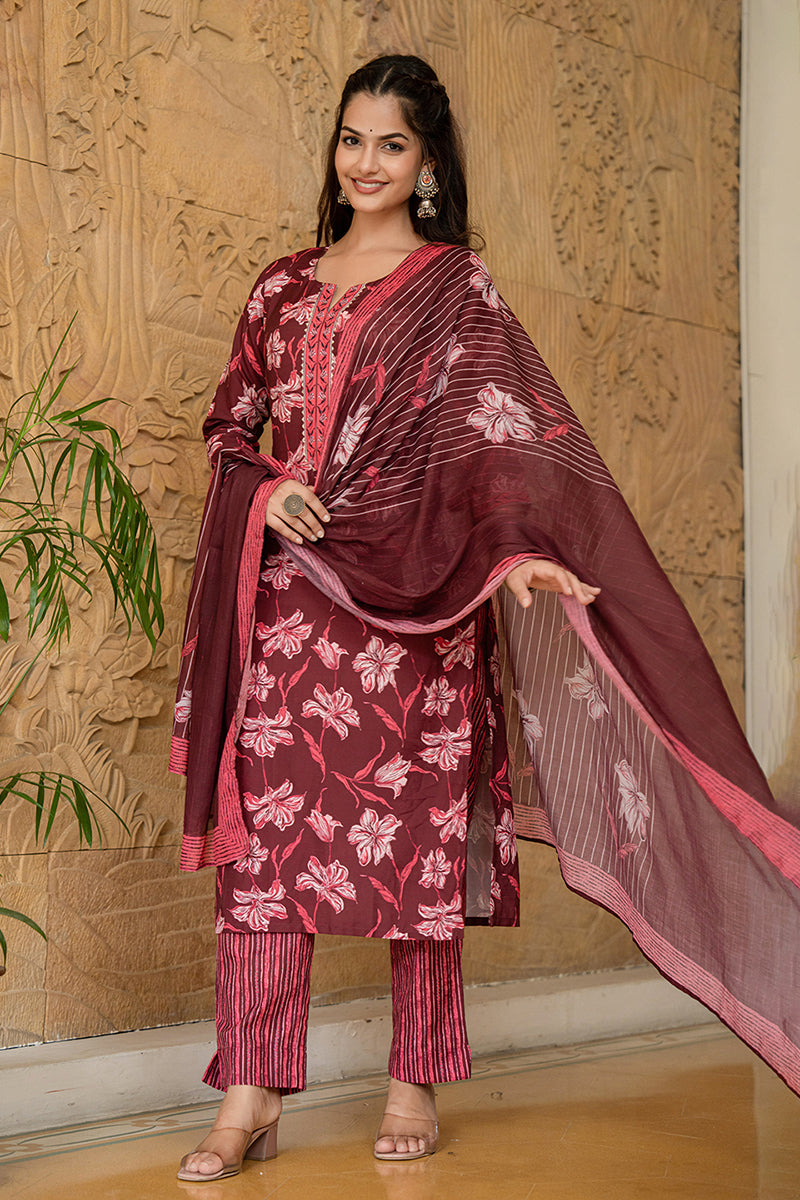 Maroon Rayon Blend Floral Printed Straight Trouser Suit Set VKSKD2266 