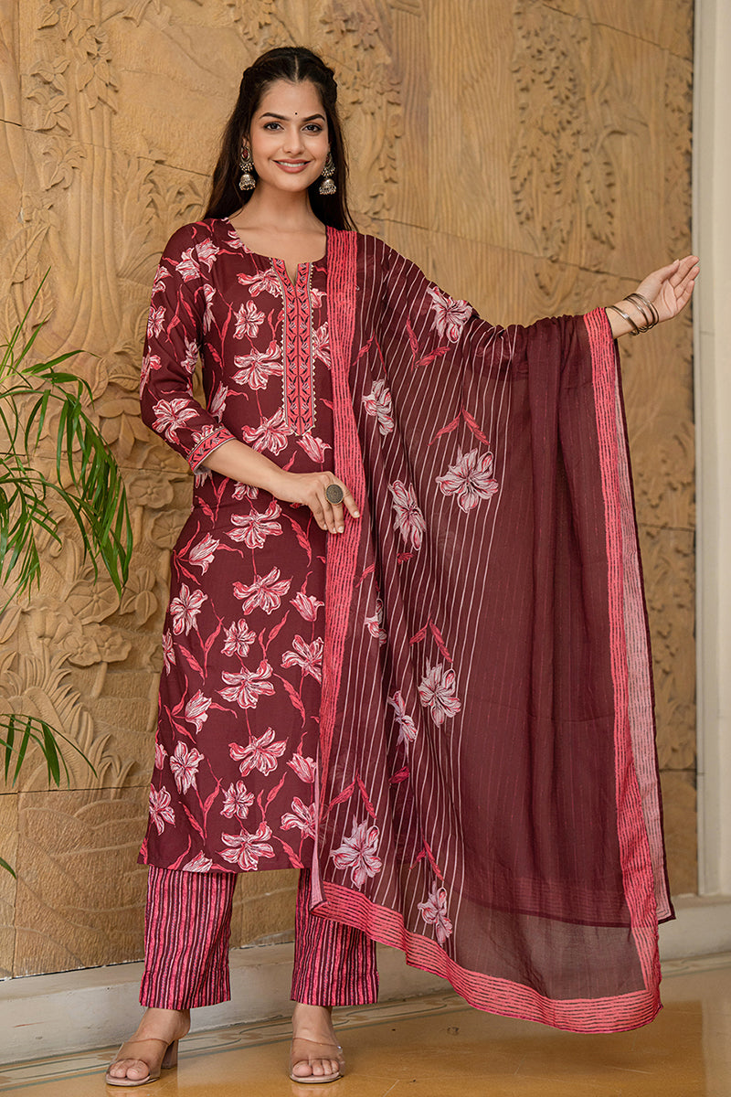 Maroon Rayon Blend Floral Printed Straight Trouser Suit Set VKSKD2266 