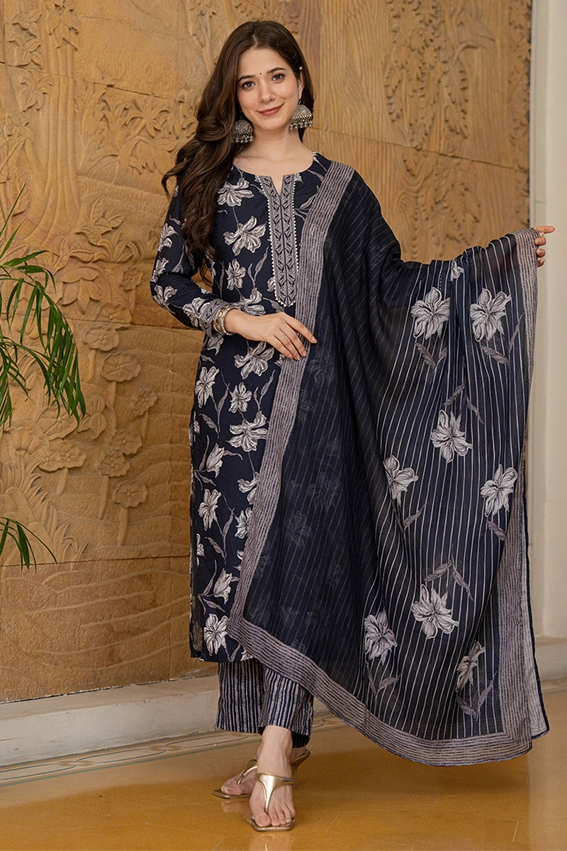 Black Rayon Blend Floral Printed Straight Trouser Suit Set VKSKD2267 |