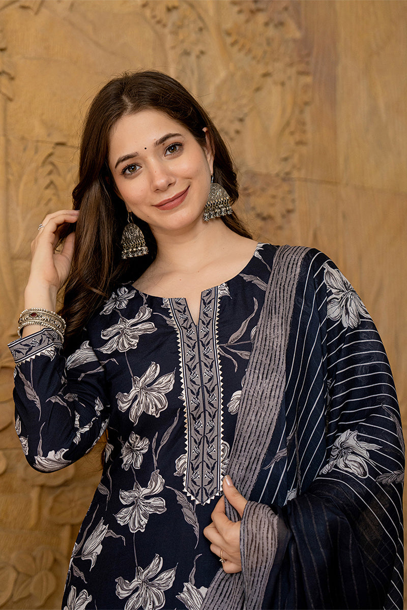 Black Rayon Blend Floral Printed Straight Trouser Suit Set VKSKD2267 |