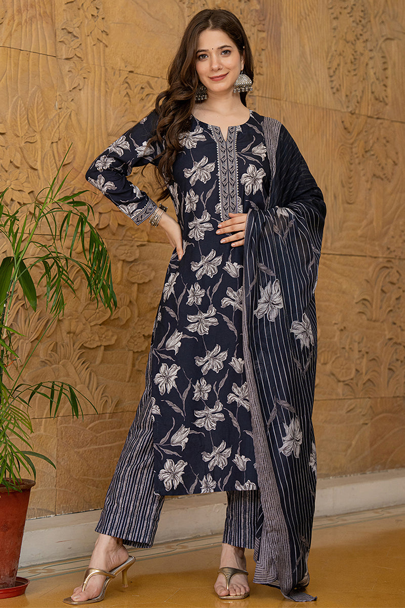 Black Rayon Blend Floral Printed Straight Trouser Suit Set VKSKD2267 |